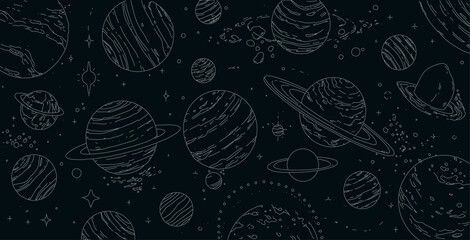 Cosmic Planets Line Art Pattern