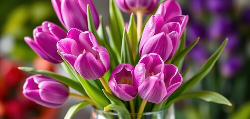 Obraz premium A vibrant bouquet of purple tulips arranged in a clear glass vase, bright, bouquet, asset