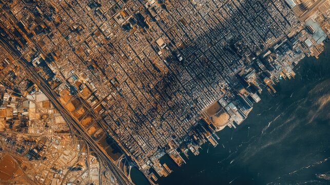 Aerial view of a densely populated city with a riverfront, showcasing urban sprawl and intricate street patterns under dramatic lighting
