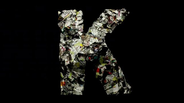 Letter K with cut up newspaper isolated on black loop