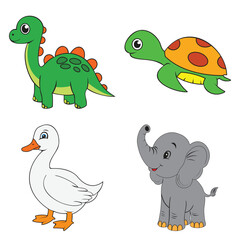 Cute Cartoon Animal Collection with Dinosaur Turtle Duck and Elephant