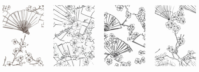 Vector pattern set of a simple outline fan with plum blossoms background