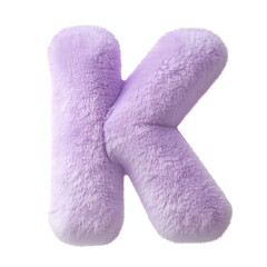A soft and fluffy plush alphabet letter "K" in vibrant purple, realistic texture with fur-like material, isolated letter "K" image.