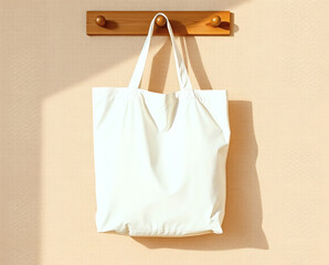 Brightly lit minimalist space showcasing a simple white tote bag hanging on a wooden hook against a soft wall