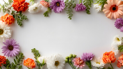 Obraz premium Colorful floral arrangement with various flowers creating a vibrant frame around a blank space for text or images floral design concept