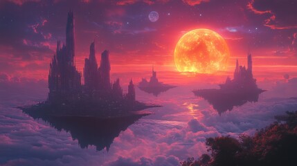 Naklejka premium Floating city at sunset, crimson sky, and giant red moon