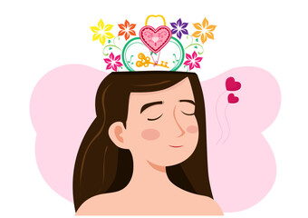 Woman with love symbol key and padlock on her head Means the desire to get a partner. and have positive thoughts. vector illustration