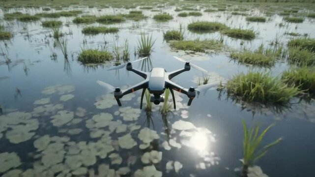 Drone Flying Over Water and Grass in Rural Marshland Area