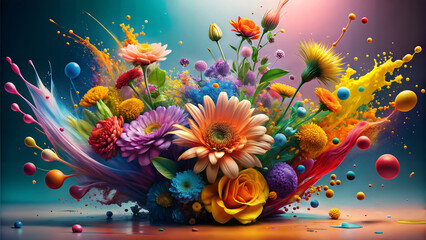 Fototapeta premium Vibrant Floral Arrangement With Splashes Of Color Creative Art Design