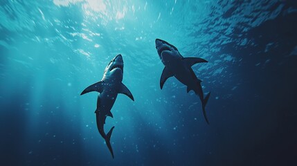 Great white sharks duel underwater ocean depths gigapixel image cinematic environment dynamic viewpoint