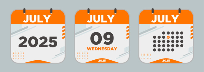 Modern Calendar icon. July. 2025 9 day. The concept of waiting for an important date. Day calendar with date July 9. Cheklist day calendar. Vector illustration.