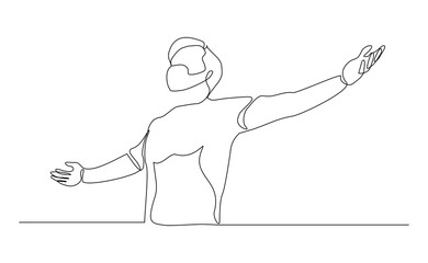 Continuous single line of man stretching hands for free freedom business success or yoga workout exercise sketch drawing editable stroke vector illustration