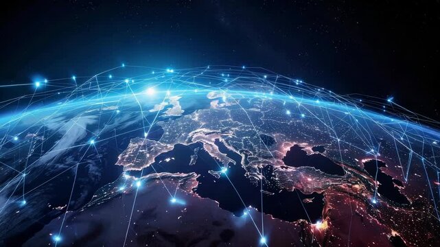 planet with a network of lines connecting it to other planets. Connections system and global datas exchanges over the globe 3D rendering elements of this image 