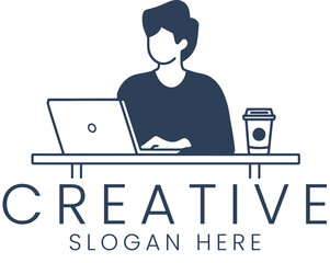 Creative Person Working on Laptop Modern Design Minimalist Illustration art job desk icon 