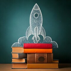 Eine Kreidezeichnung einer startenden Rakete auf der Schultafel über einem Bücherstapel (Kozept Schulbildung)