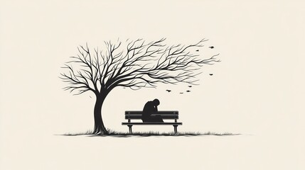 Lonely figure on park bench under barren tree