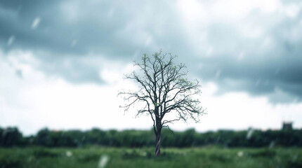Obraz premium Intense dramatic weather, blurred bokeh effect, a lone tree on a white isolated background, sharp subject focus, soft background, stormy skies, high tension, evocative mood.jpg