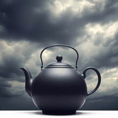Intensely dramatic stormy skies with swirling clouds a menacing dark grey teapot on a stark white isolated background high tension atmosphere.jpg