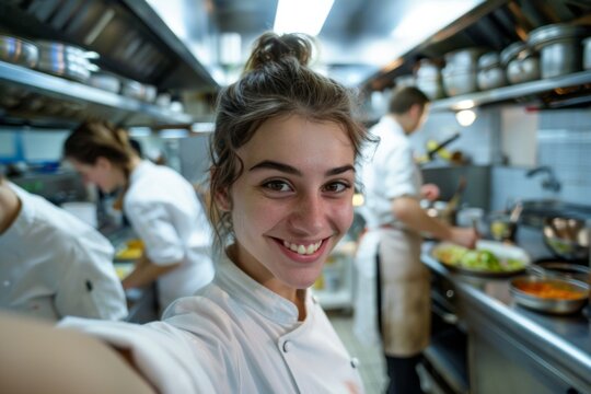 joyful young woman taking a selfie during a cooking class in a professional kitchen
