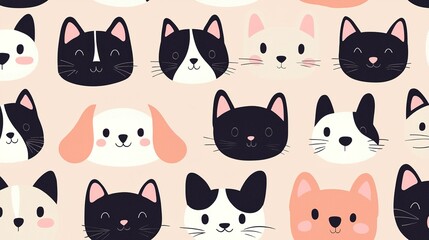 Obraz premium Cute cartoon puppies and kittens pattern pastel colors fun design playful environment whimsical concept