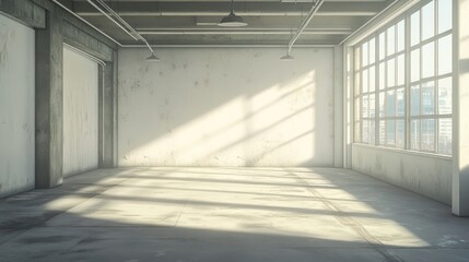 Sunlit empty industrial loft space, city view, renovation potential