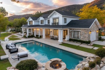 a single-story modern house with white stucco walls, large windows and doors on the front side, a backyard that has a small pool and hot tub, a green grass lawn