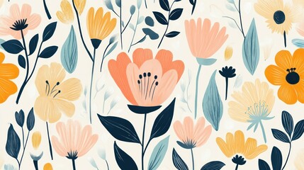 A whimsical floral pattern with pastel and warm tones.