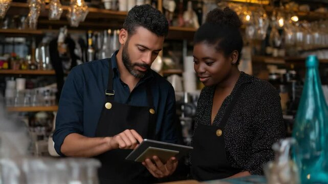 A female waitress and young male bar worker reviewing drinks on the menu, illustrating teamwork, hospitality, restaurant operations, staff collaboration and service training