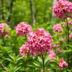 Fototapeta premium Vibrant pink flower clusters explode from lush green foliage in a summer forest, cluster, flowers