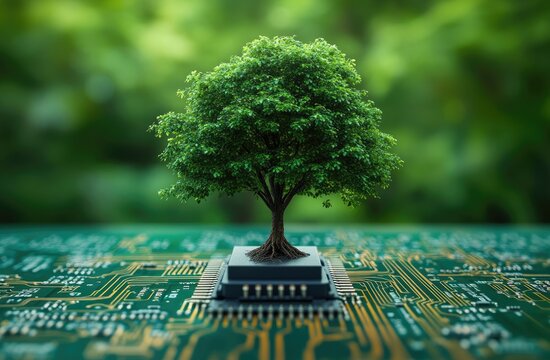 Pixelated Green Tree Growing On Microchip And Circuit Board