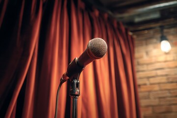 Red Curtains Comedy Stage Brick Microphone Audience Poster Background Image  
