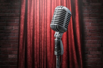 Brick Stage Comedy Red Curtains Microphone Audience Poster Background Design  
