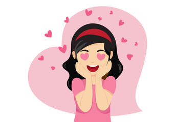 cute cartoon girl with heart shaped eyes and falling in love flat vector illustration