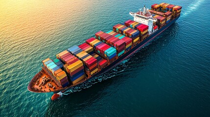 Futuristic cargo ship sailing under cloudless sky, with modular shipping containers, clear lighting, 