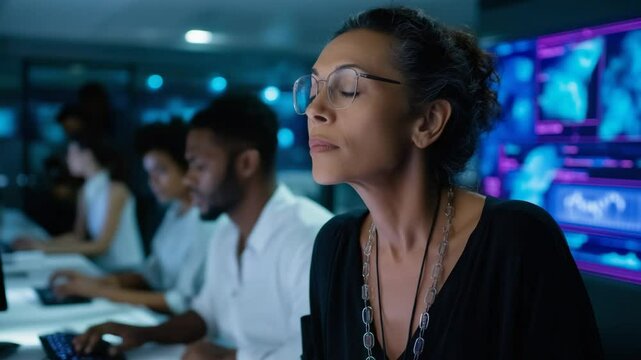Diverse Senior Data Scientist Analyzing Risk Management Reports