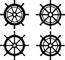 Ship steering art vectors and Set of black steering wheels icon silhouette collections