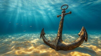 An ancient anchor rests on the sandy ocean floor.