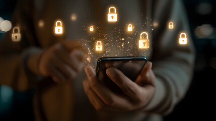 A young adult male engaged with a smartphone, surrounded by glowing padlock icons symbolizing digital security.