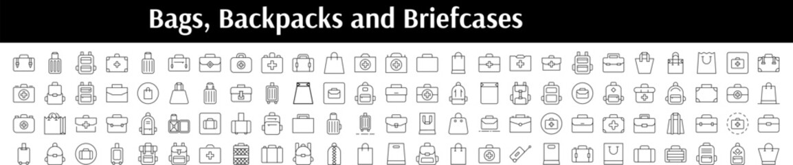 Pack of Bags Related Line Icons. Briefcase, Backpack, Package, Baggage Outline Signs for Graphic and Web Design, Apps, Adverts, Various Cards