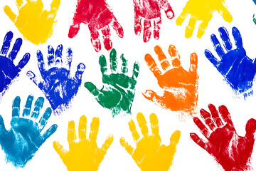 Abstract background made from colored handprints. Multicolor background for design. Isolated on white.