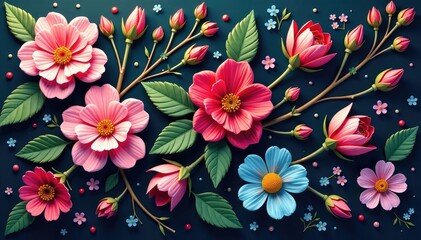 Continuous flowing floral design, interwoven buds and petals , bright, illustration