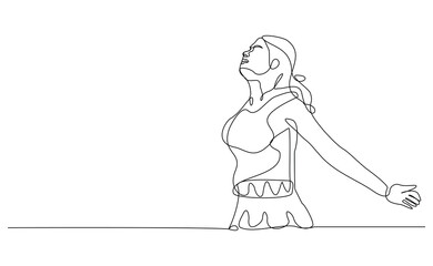 Continuous single line of woman stretching hands for free freedom business success or yoga workout exercise sketch drawing editable stroke vector illustration