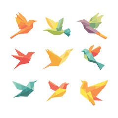 Origami birds colorful flat vector illustration set