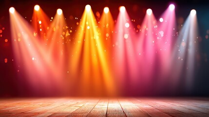 A vibrant stage scene illuminated by colorful spotlights, creating a lively atmosphere with a wooden floor and sparkling lights in the background.