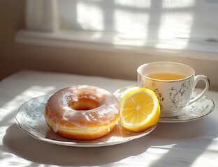 Sunlit scene glazed donut, lemon, & tea