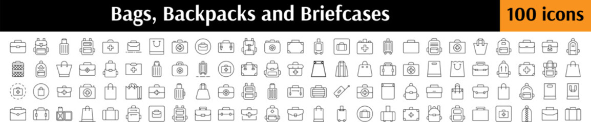 Bags Line Icon Bundle. Briefcase, Backpack, Package, Baggage Outline Signs for Graphic and Web Design, Apps, Adverts, Various Cards