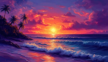 Pixelated Tropical Beach Sunset with Palm Trees Orange and Pink Sky Gentle Waves Reflecting Light in a Peaceful Coastal Scene