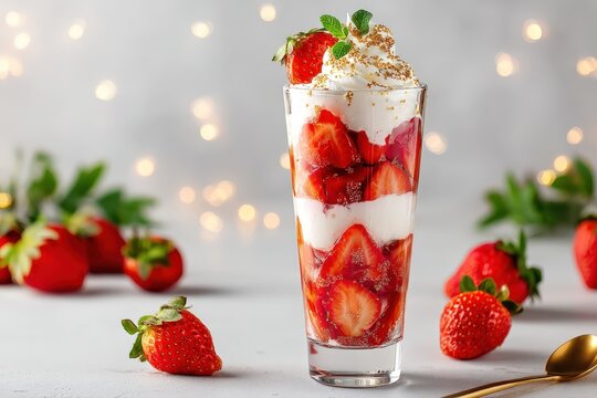 Strawberry parfait in a tall glass with whipped cream layers and strawberry slices