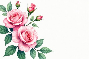 Delicate watercolor roses & buds, blush pink & green leaves , summer, green