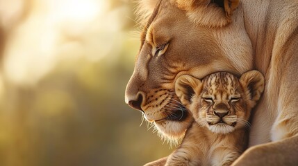 Fototapeta premium Tender lioness nuzzling cub in nature's embrace heartwarming wildlife photography vibrant environment